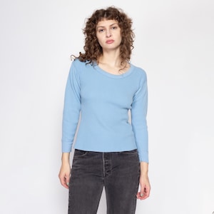80s Baby Blue Waffle Knit Thermal Shirt - Medium | Vintage Plain Undershirt Long Sleeve Top