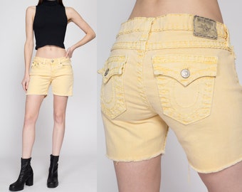 Medium Y2K True Religion Yellow Low Rise Cut Offs | Vintage Lily Denim Cutoff Bermuda Shorts