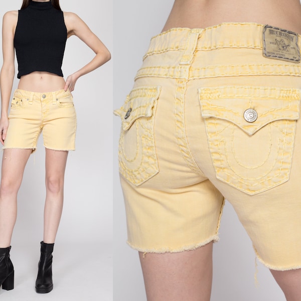 Moyen Y2K True Religion Jaune Low Rise Cut Offs | Bermuda coupé en denim vintage Lily