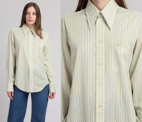 70s Green & White Striped Button Up Shirt - Men's