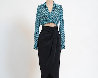 Vintage 90s Black Midi Wrap Pencil Skirt - Small | Minimalist High Waisted Sheath Skirt