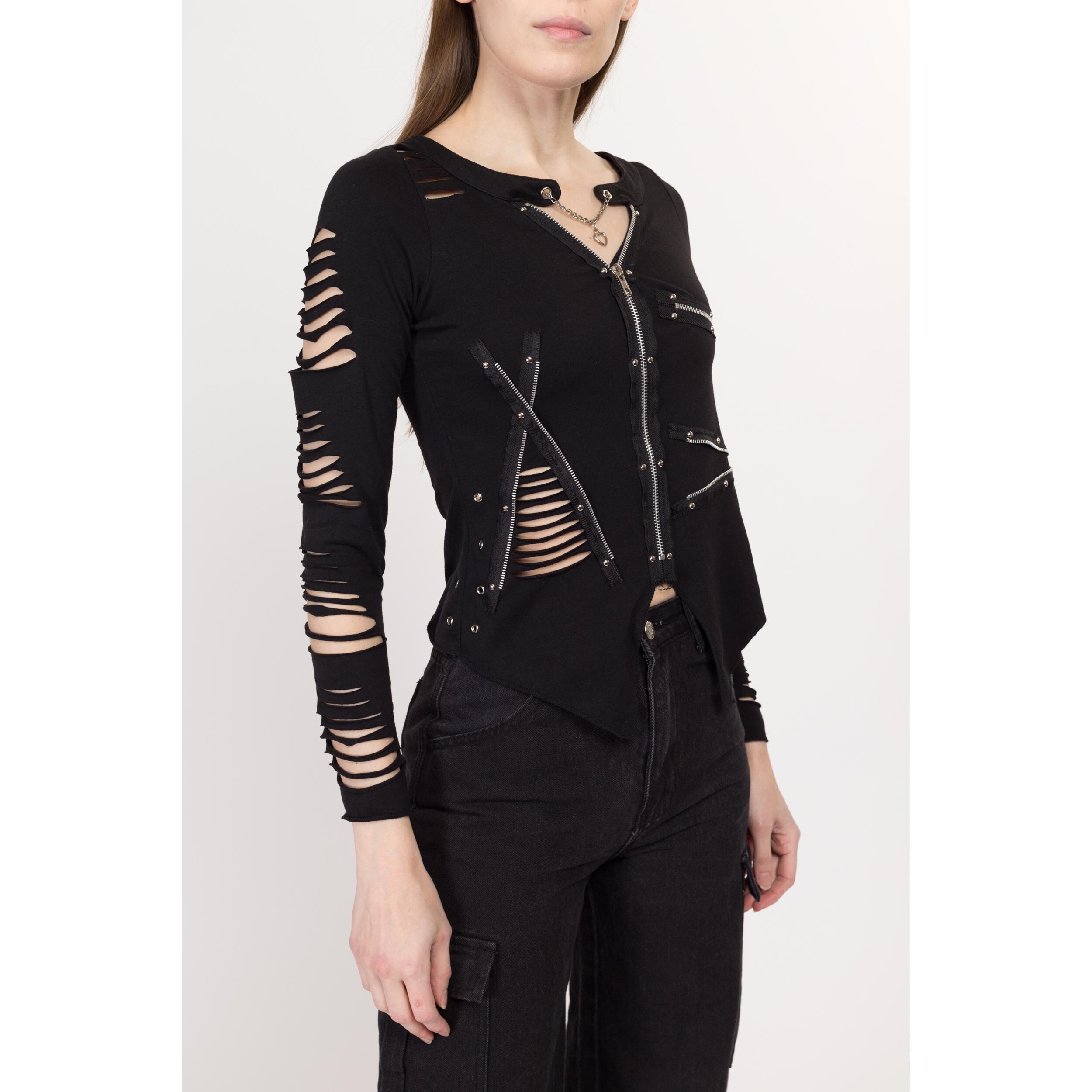 Small Y2K Gothic Black Slashed Zipper Top | Vintage Punk Heart