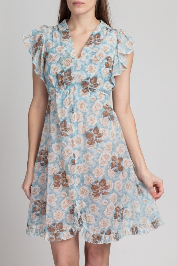 70s Sheer Blue Floral Flutter Sleeve Mini Dress X… - image 2