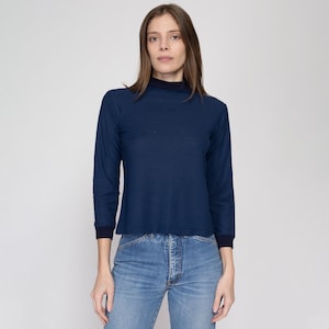 XS 70er Jahre schlichtes Marineblau Ringerhemd zierlich | Vintage Langarm Top