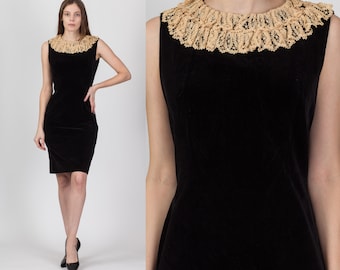 50s 60s Helen Whiting Black Velvet Lace Trim Dress Medium | Vintage Sleeveless Sheath Designer Mini Party Dress