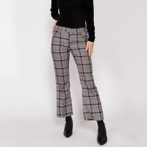 Petite XS 70s Grey Plaid Flared Trousers | Retro Vintage Mid High Rise Knit Pants