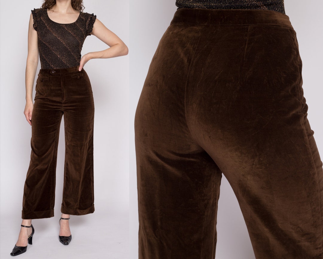 Medium 70s Chocolate Brown Velvet Pants 28 Vintage High Waisted