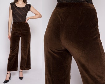 Medium 70s Chocolate Brown Velvet Pants 28" | Vintage High Waisted Wide Leg Cuffed Trousers