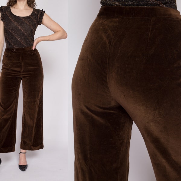 Medium 70s Chocolate Brown Velvet Pants 28" | Vintage High Waisted Wide Leg Cuffed Trousers