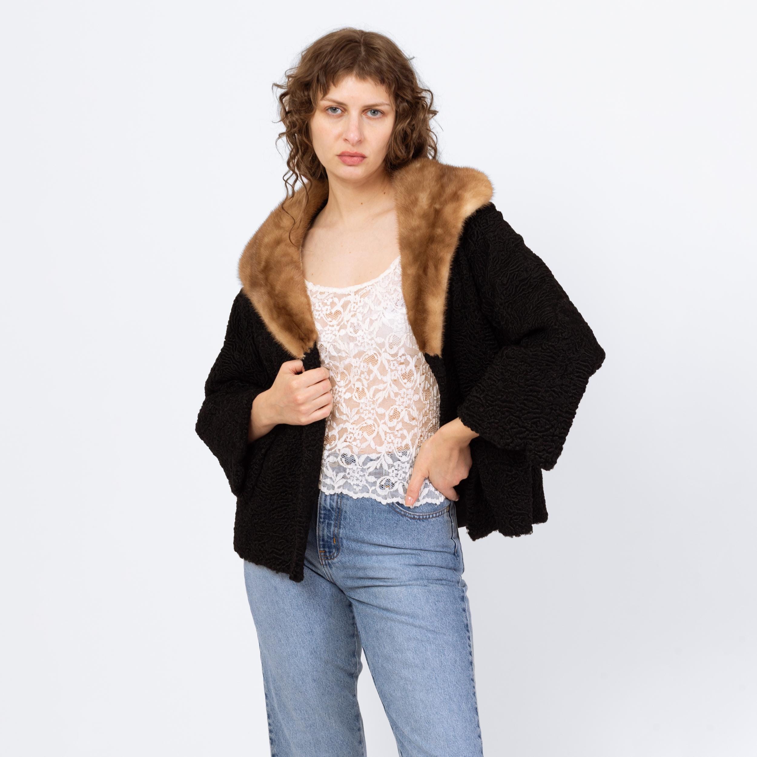 Vintage 50s Persian Lamb Fur Mink Collar Coat - Medium to Large