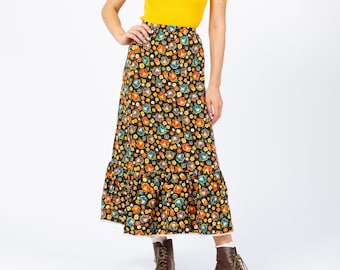 Vintage 60s Black Floral Folk Midi Skirt - XXS, 22.5" Waist | Bobbie Brooks Boho A Line Tiered Cottagecore Hippie Skirt
