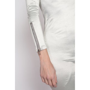 XS-Sm 80s Futuristic Silver Bodycon Dress Vintage Shiny Long Sleeve Zip Up Collared Mini Dress image 7
