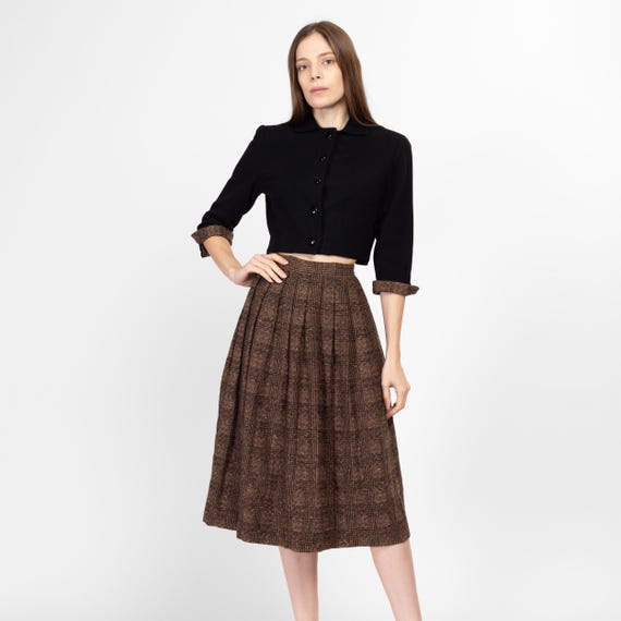 Small 1940s Black Brown Plaid Skirt Suit Set Vintage 40s 50s