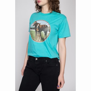 Medium 90s Horse Iron-On Graphic T Shirt Vintage Turquoise Blue Mare & Foal Animal Tee image 2