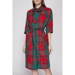 Large 60s Red & Green Plaid Belted Ascot Shirtdress Vintage Button Front Half Sleeve Mini House Dress image 3
