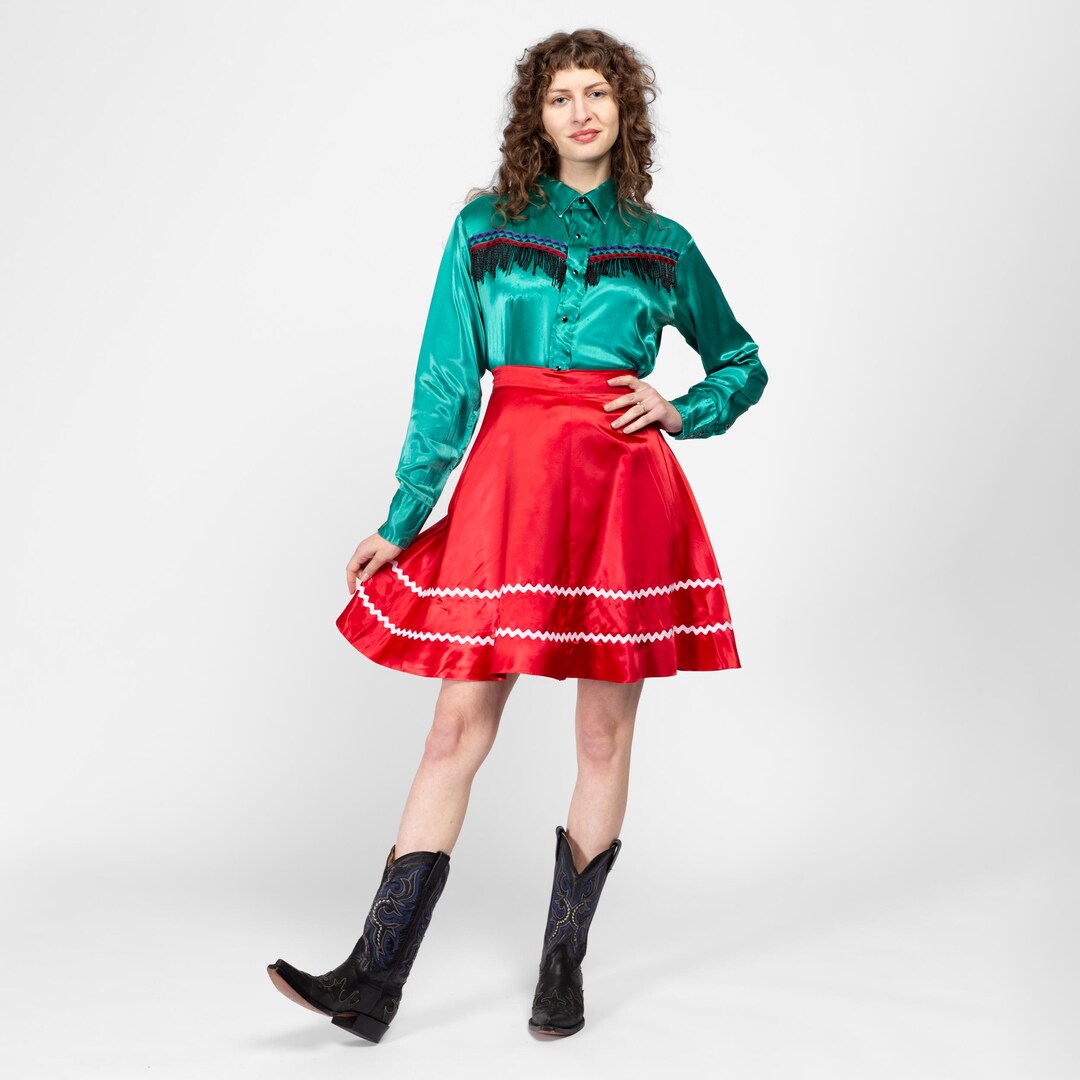 Rockabilly Ric Rac Small 70s Red Satin Square Dance Skirt 26.5