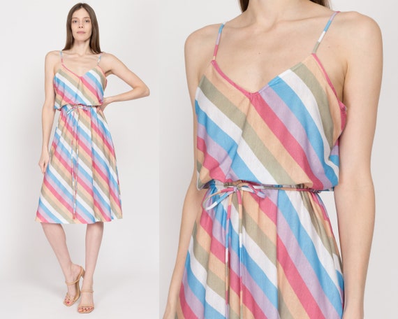 Small 70s Colorful Striped Midi Sundress | Vintag… - image 1
