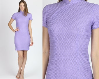 XS 60s 70s Purple Knit Cheongsam Dress | Vintage Chinese Qipao Mini Wiggle Dress