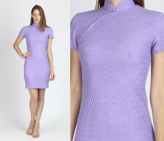 XS 60s 70s Purple Knit Cheongsam Dress | Vintage … - image 1