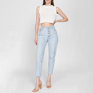 Small 90s Bongo Light Wash Button Fly Jeans 27" | Vintage High Waisted Denim Slim Fit Tapered Leg Mom Jeans