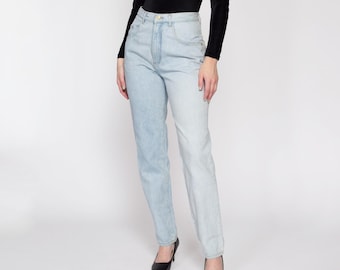 Mittelgroße 90er Jahre zweifarbige hell waschen Jeans mit hoher Taille 72cm | Vintage Faded Denim Tapered Leg Mom Jeans