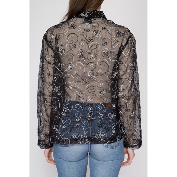 Small 90s Sheer Black Silk Embroidered Blouse | V… - image 6