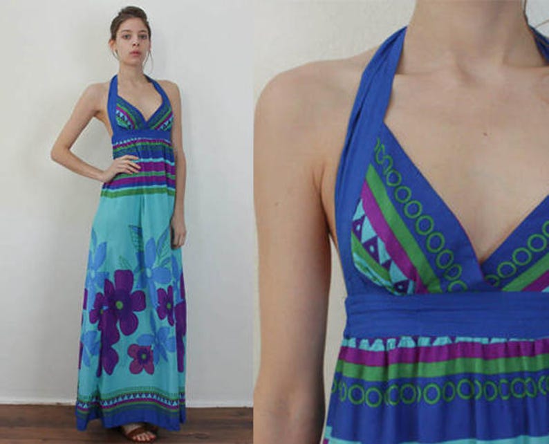 Vintage Floral Tiki Print Hippie Summer Sundress 70s Lanz Originals Boho Halter Maxi Dress Extra Small