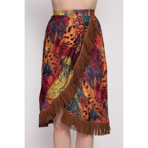 Vintage Boho Peacock Feather Print Fringe Skirt E… - image 2