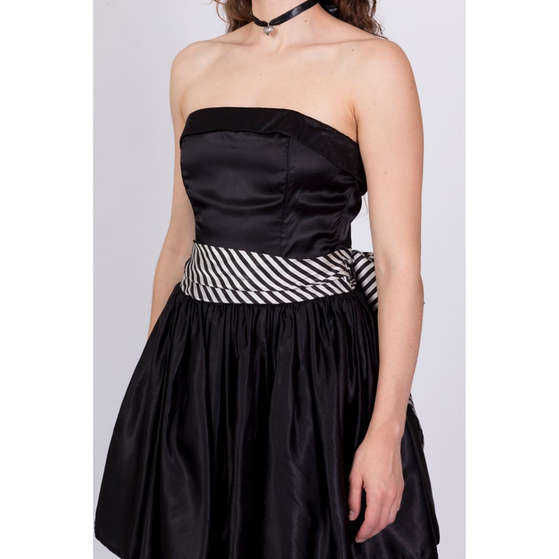 Vintage Gunne Sax Strapless Striped Satin Party Dress Medium 80s Black White Fit Flare Midi Prom Formal Gown image 6