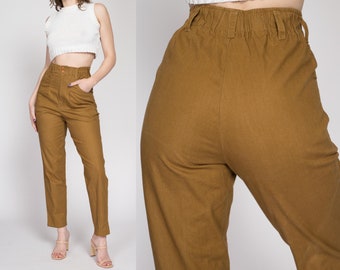 Small 80s Mustard Yellow Pleated Pants | Vintage High Rise Elastic Waist Tapered Leg Casual Trousers