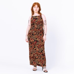 Vintage 90s Boho Black Tropical Floral Maxi Dress - Large | Batik Print Spaghetti Strap Summer Sundress