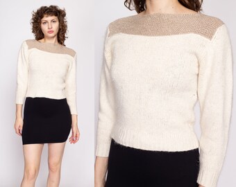 80s Cream & Gold Metallic Knit Sweater Small to Medium | Vintage Silk Angora Long Sleeve Cropped Pullover