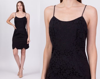 90s Black Floral Jacquard Mini Dress Small | Vintage All That Jazz Scalloped Hem Spaghetti Strap Party Dress