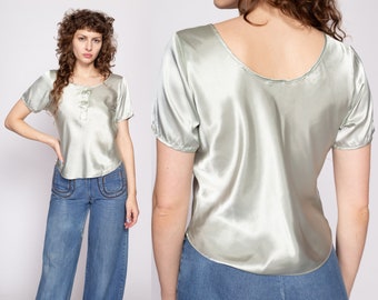 90s Mint Green Liquid Satin Henley Top Medium | Vintage Pastel Short Sleeve Slouchy Shiny Pajama Shirt