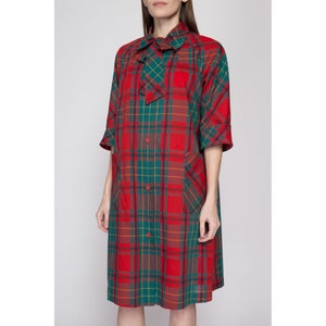 Large 60s Red & Green Plaid Belted Ascot Shirtdress Vintage Button Front Half Sleeve Mini House Dress image 6