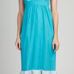 70s Blue & White Prairie Dress Girls Size 12 Vintage Children's Boho Puff Sleeve Maxi Dress image 2