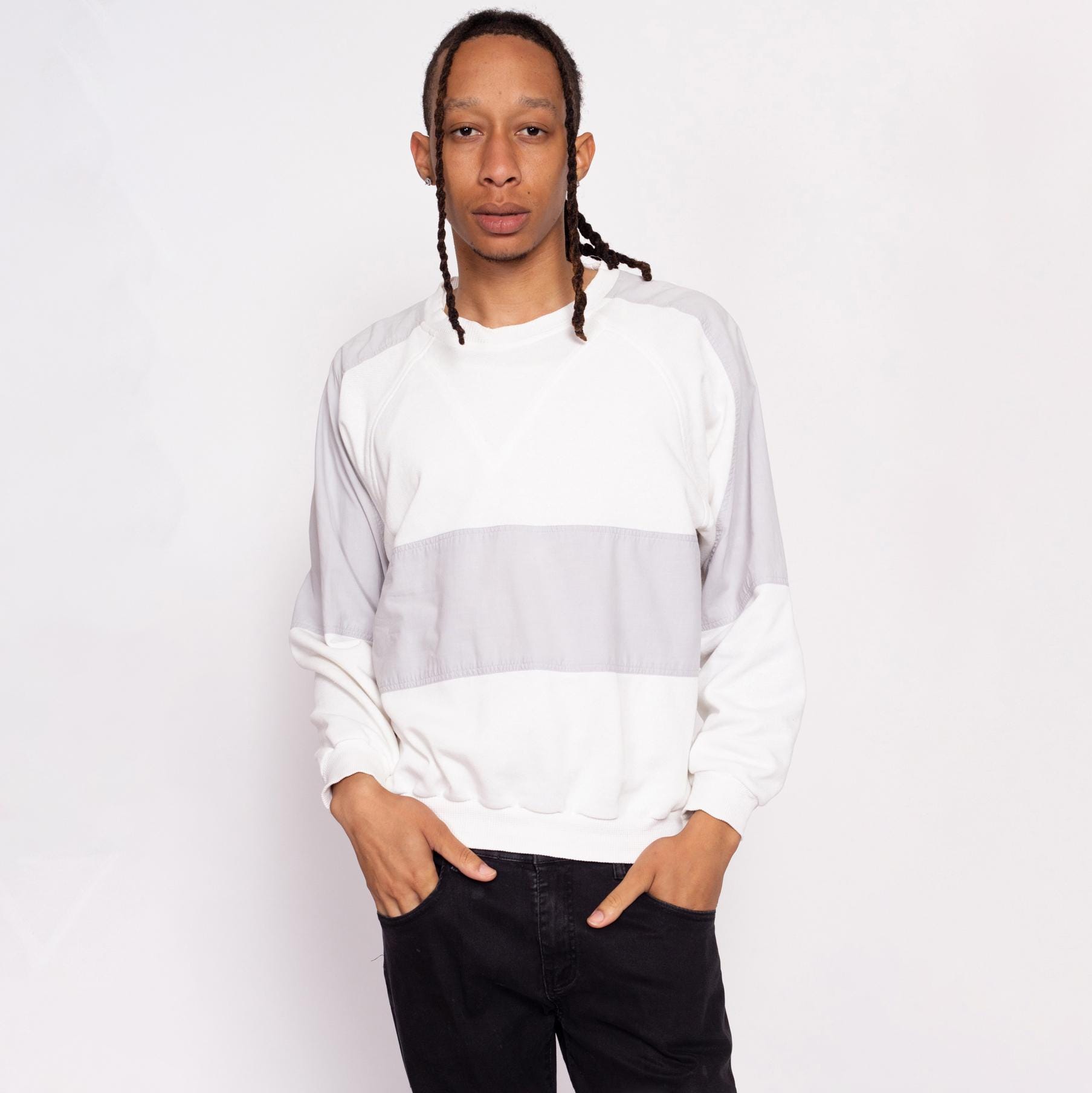 Medium 80s Surf Zone White & Grey Color Block Sweatshirt