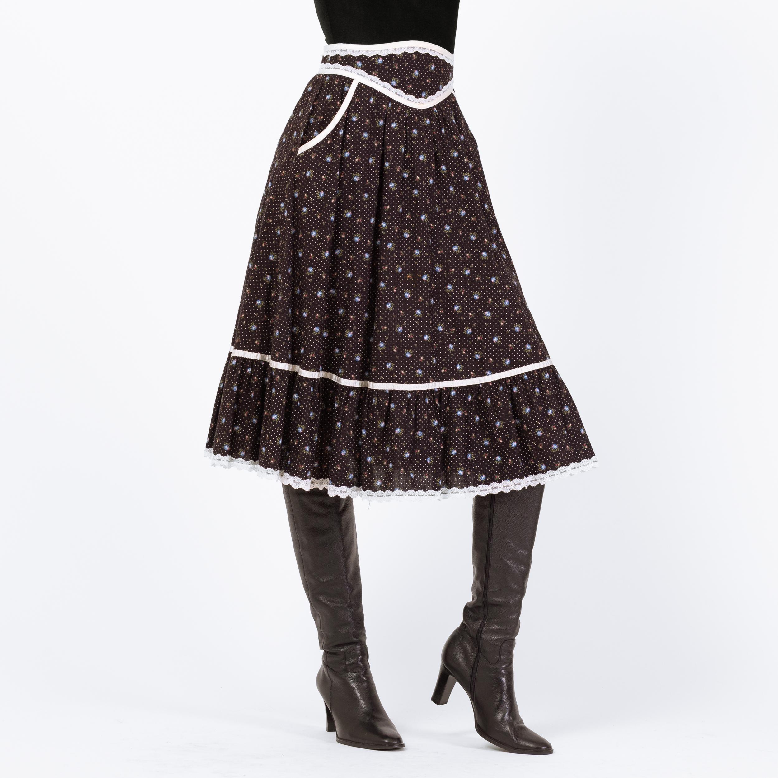Vintage 70s Gunne Sax Black Calico Floral Prairie Skirt - Small