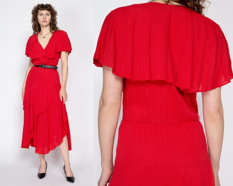 Medium 80s Red Flowy Capelet Maxi Dress Boho Vintage Flutter Sleeve V Neck Tiered Dress image 1