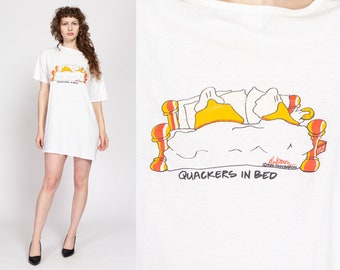 One Size 80s "Quackers In Bed" Duck Cartoon Pajama Mini Dress | Vintage John Baron White Sleep Shirt