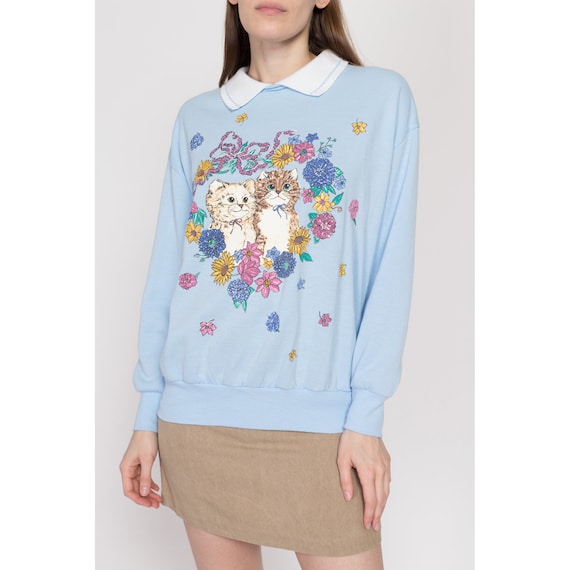 Large 90s Cats & Flowers Blue Collared Sweatshirt… - image 2
