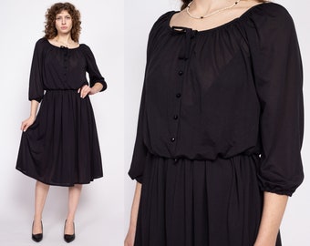 Med-Lrg 70s Kay Windsor Sheer Black Midi Dress | Vintage 3/4 Sleeve Button Up Blouson Minimalist Shirtdress