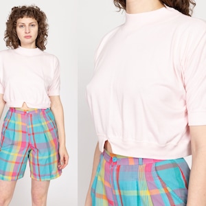 Medium 80s Pastel Pink Mockneck Crop Top | Vintage Plain Notched Waist Short Sleeve Cropped Shirt