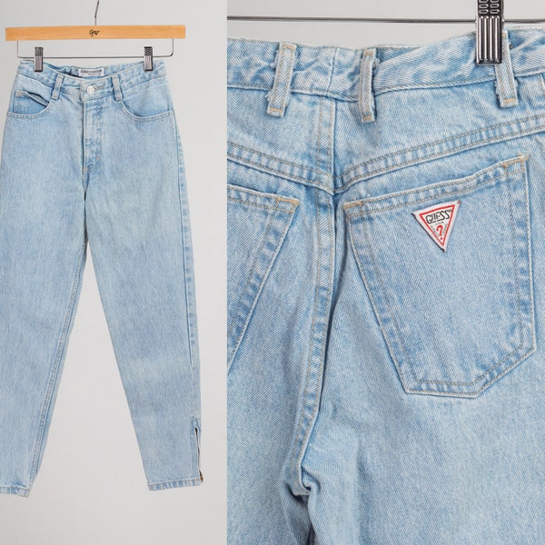 90s Girl's High Waist Guess Jeans - Size 12 | Vintage Light Wash Blue Denim Tapered Leg Mom Jeans