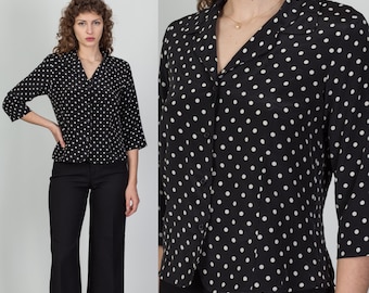 80s 90s Black & White Polka Dot Blouse Petite Medium | Vintage Button Up 3/4 Sleeve Collared Top