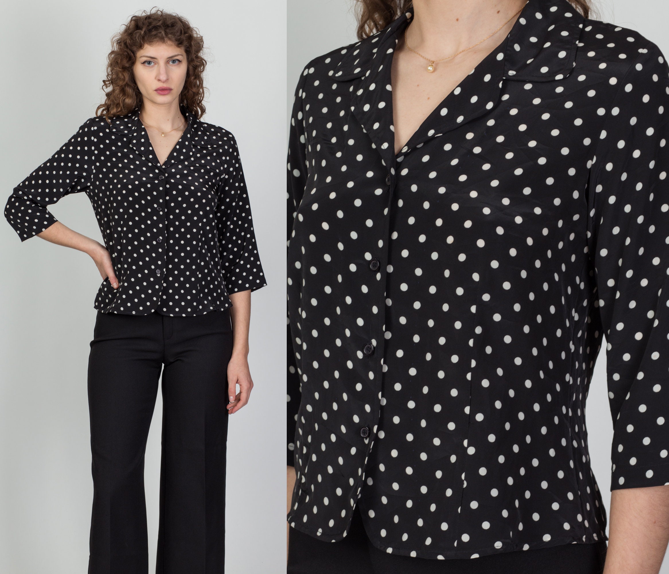 80s 90s Black & White Polka Dot Blouse Petite Medium Vintage -  Israel