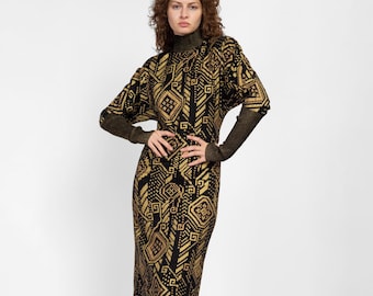 Small 80s Hanae Mori Black & Gold Silk Greek Key Print Dress Size 6 | Vintage Designer Two Tone Dolman Sleeve Knit Trim Midi Dress