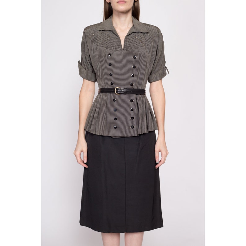 Small 1940s Black & White Striped Peplum Secretary Dress Vintage 40s Cuffed Short Sleeve Midi Dress image 2