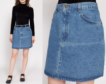 Med-Lrg 90s Denim A Line Mini Skirt 30" | Vintage High Waisted Jean Mom Skirt