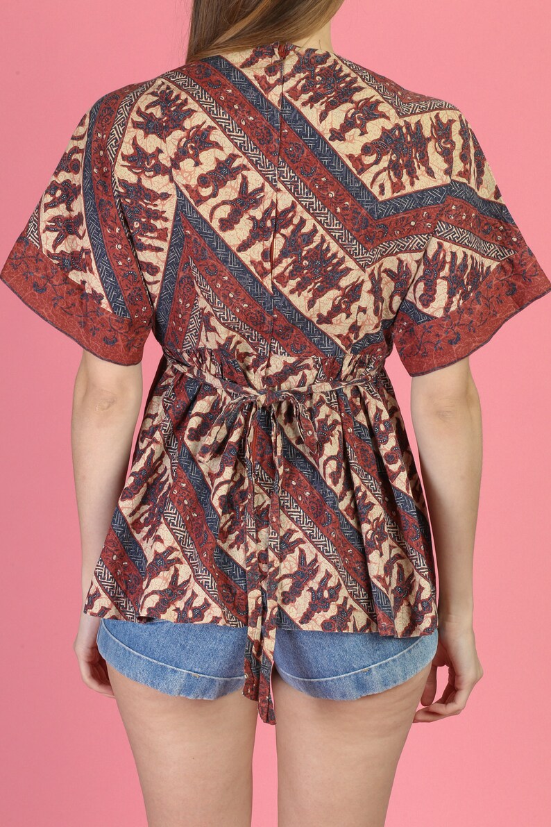 70s Hippie Bell Sleeve Corset Blouse Medium Vintage Boho Ethnic Print Peasant Top